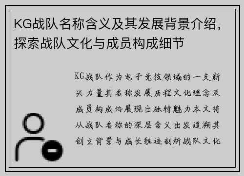 KG战队名称含义及其发展背景介绍，探索战队文化与成员构成细节