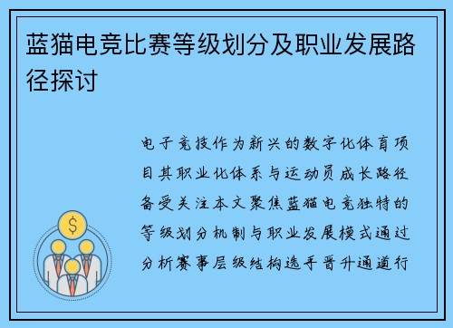 蓝猫电竞比赛等级划分及职业发展路径探讨