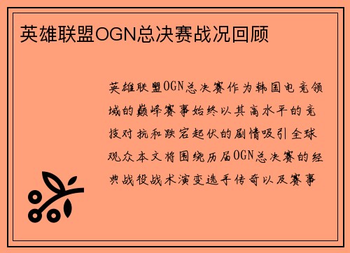 英雄联盟OGN总决赛战况回顾