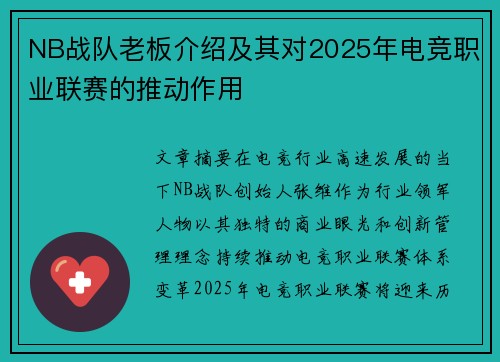 NB战队老板介绍及其对2025年电竞职业联赛的推动作用